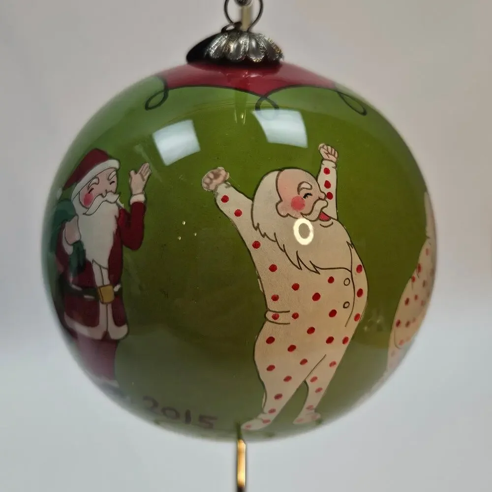 Pier One Li Bien reverse painted glass ornament Santa dressing green ball round